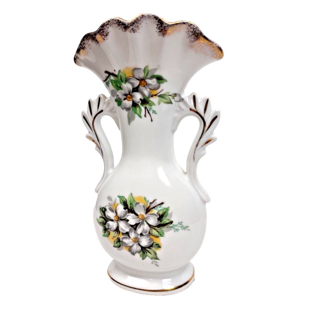 Vintage Ucagco Ceramics Japan Vase Gilt Handles 8.5" Hand Painted Scalloped Edge